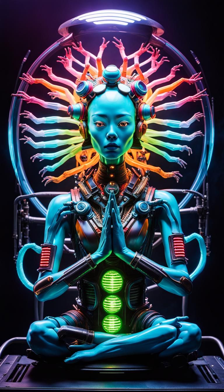 Cyberpunk Alien Meditation in a Neon Computer World