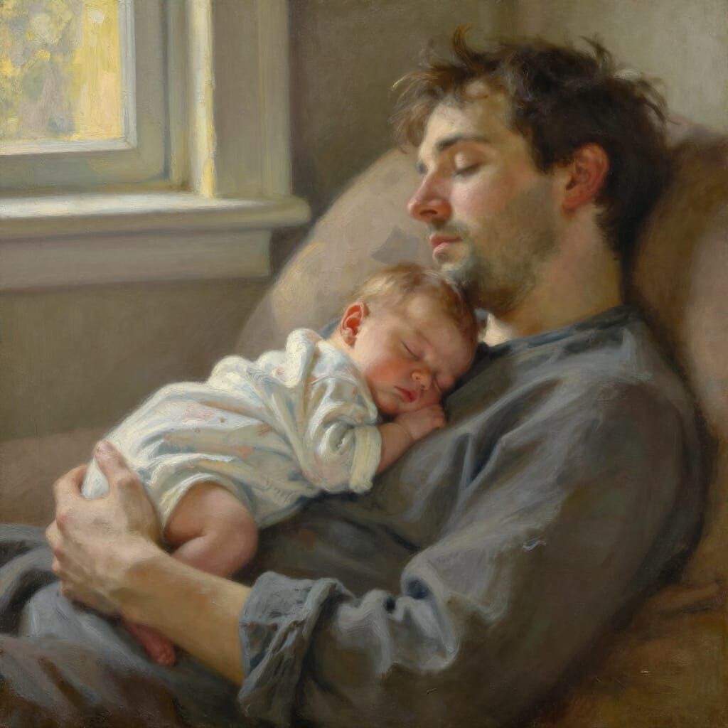 Father and Newborn Baby Embrace in Gentle Oil Painting