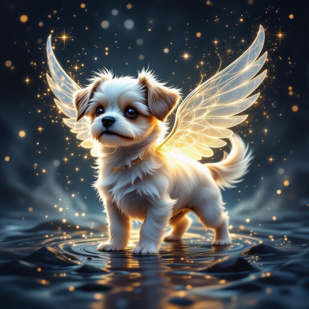 Ghostly Dog with Wings in Cosmic Starlight