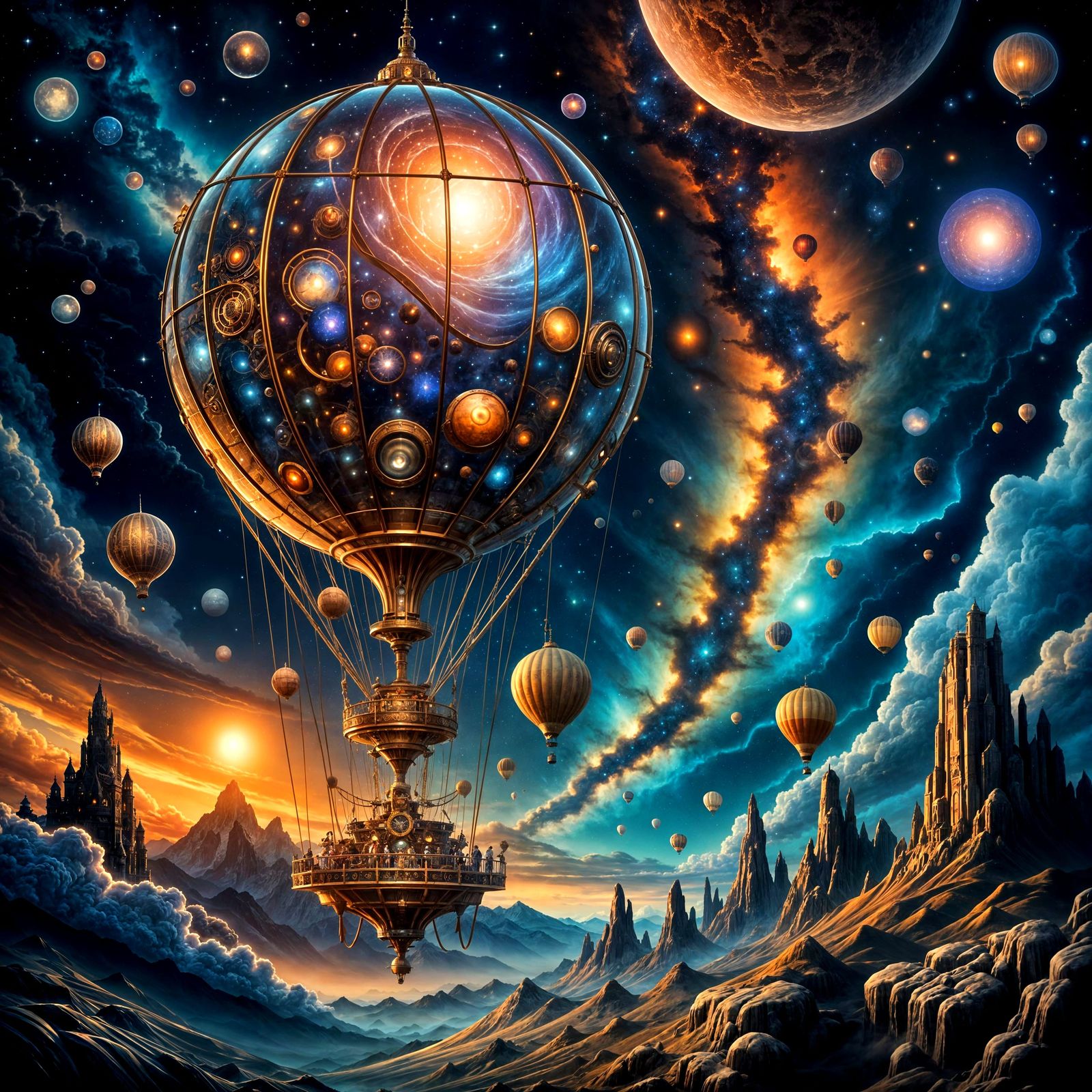 Steampunk Dirigible Navigates Cosmic Nebula