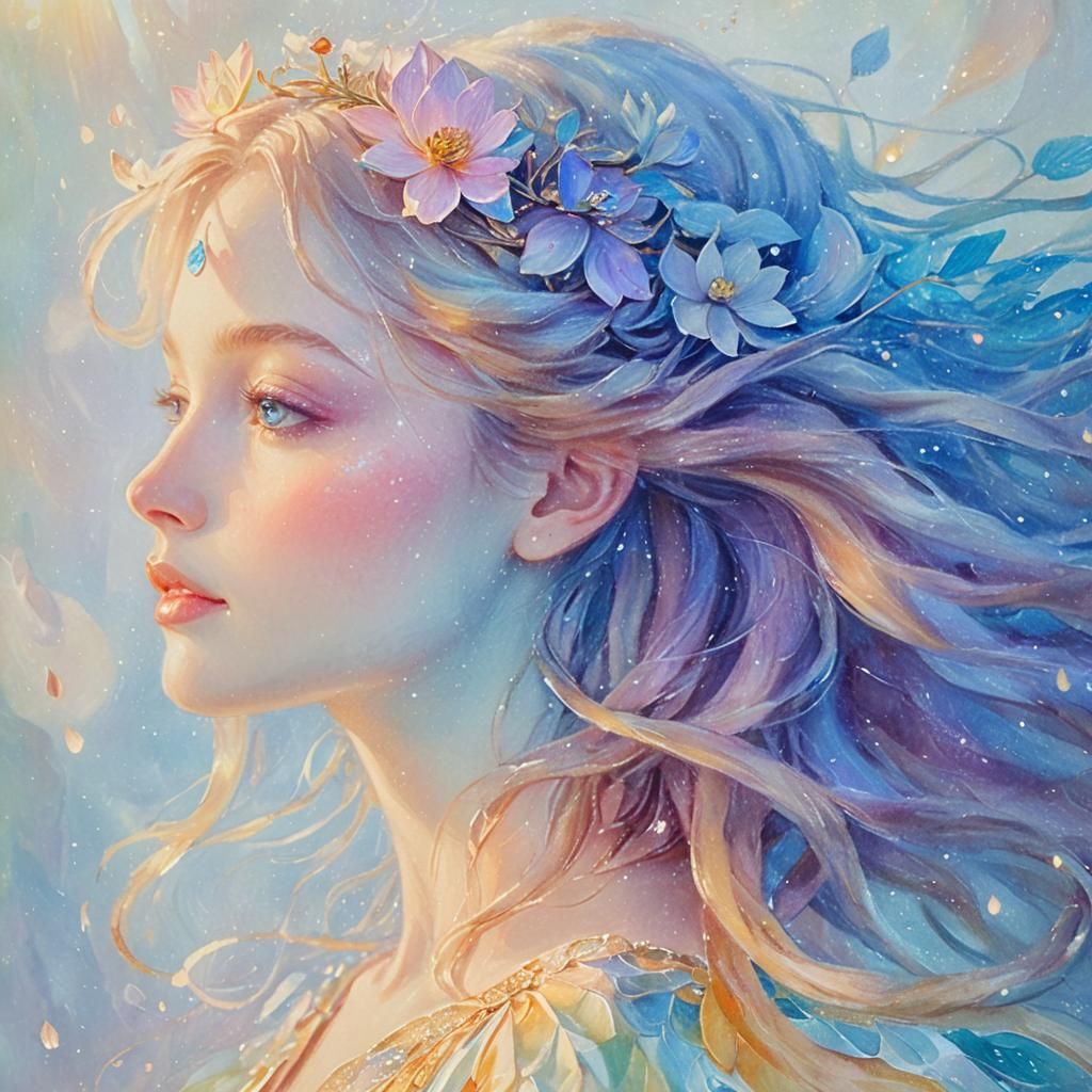 Ethereal Fae Woman in Lotus Gown, Impressionistic Style