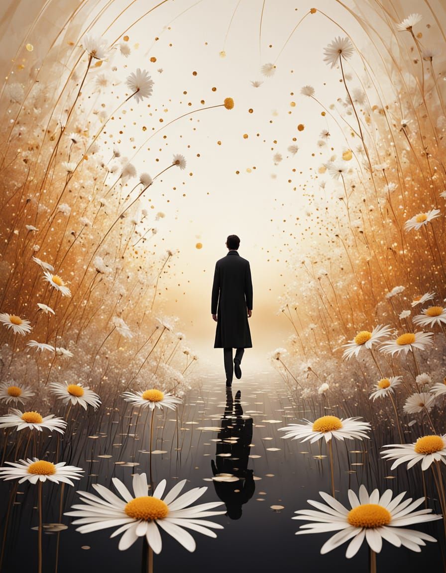 Lone Figure in Abstract Dreamscape of Floating Shapes