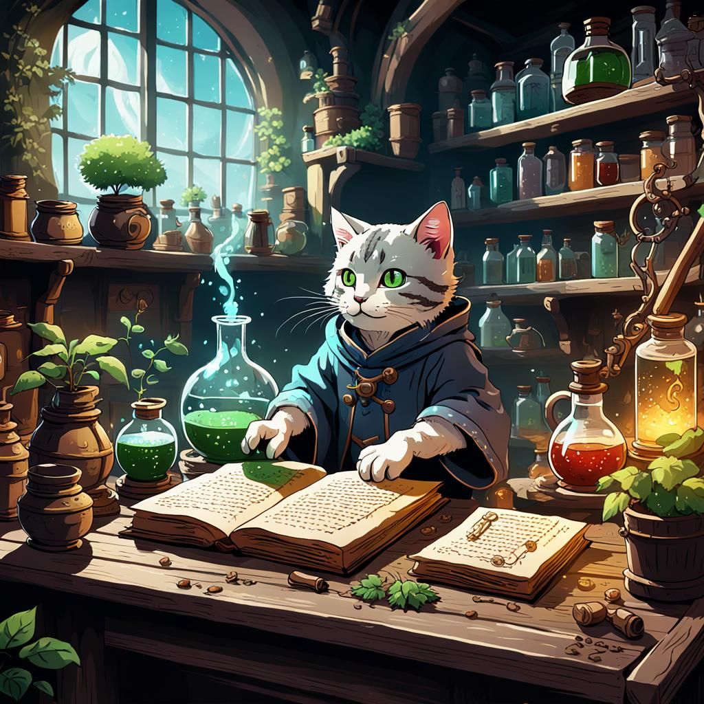 Cat Folk Alchemist Brewing Potions in Anime Style