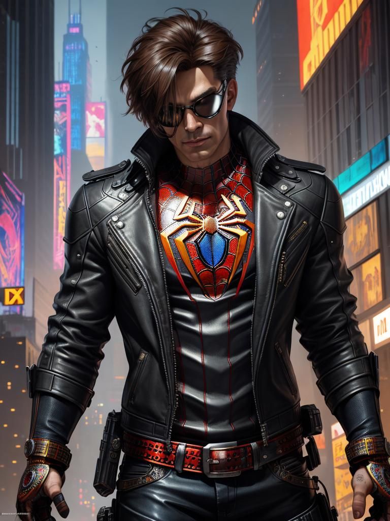 Cyberpunk Spider-Man Portrait in Leather Jacket
