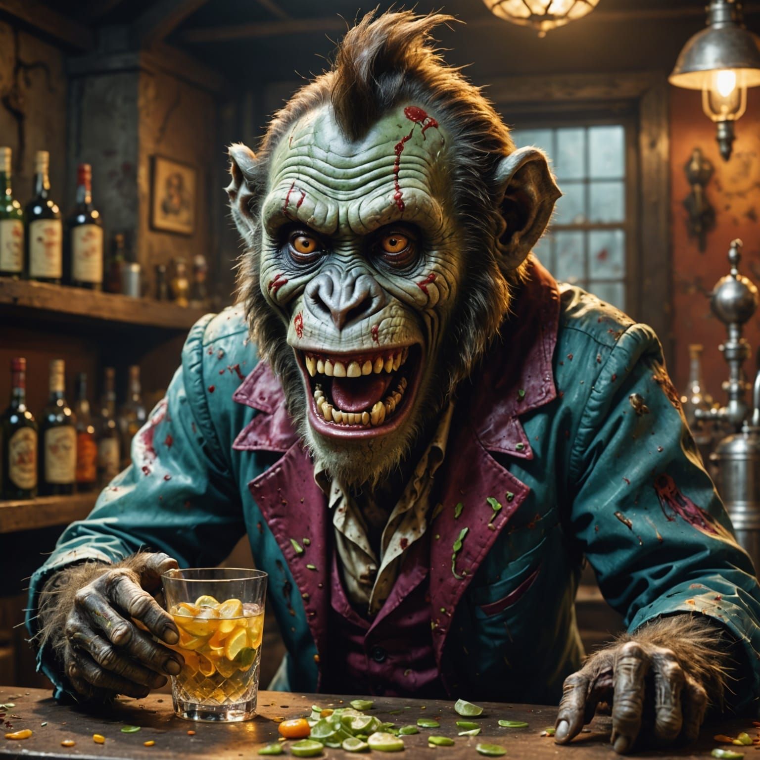 Zombie Monkey Clowns Run a Gin Mill: Hyperrealistic Art