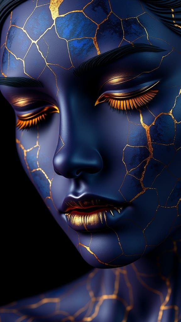 Woman's Face in Blue and Gold Kintsugi Style