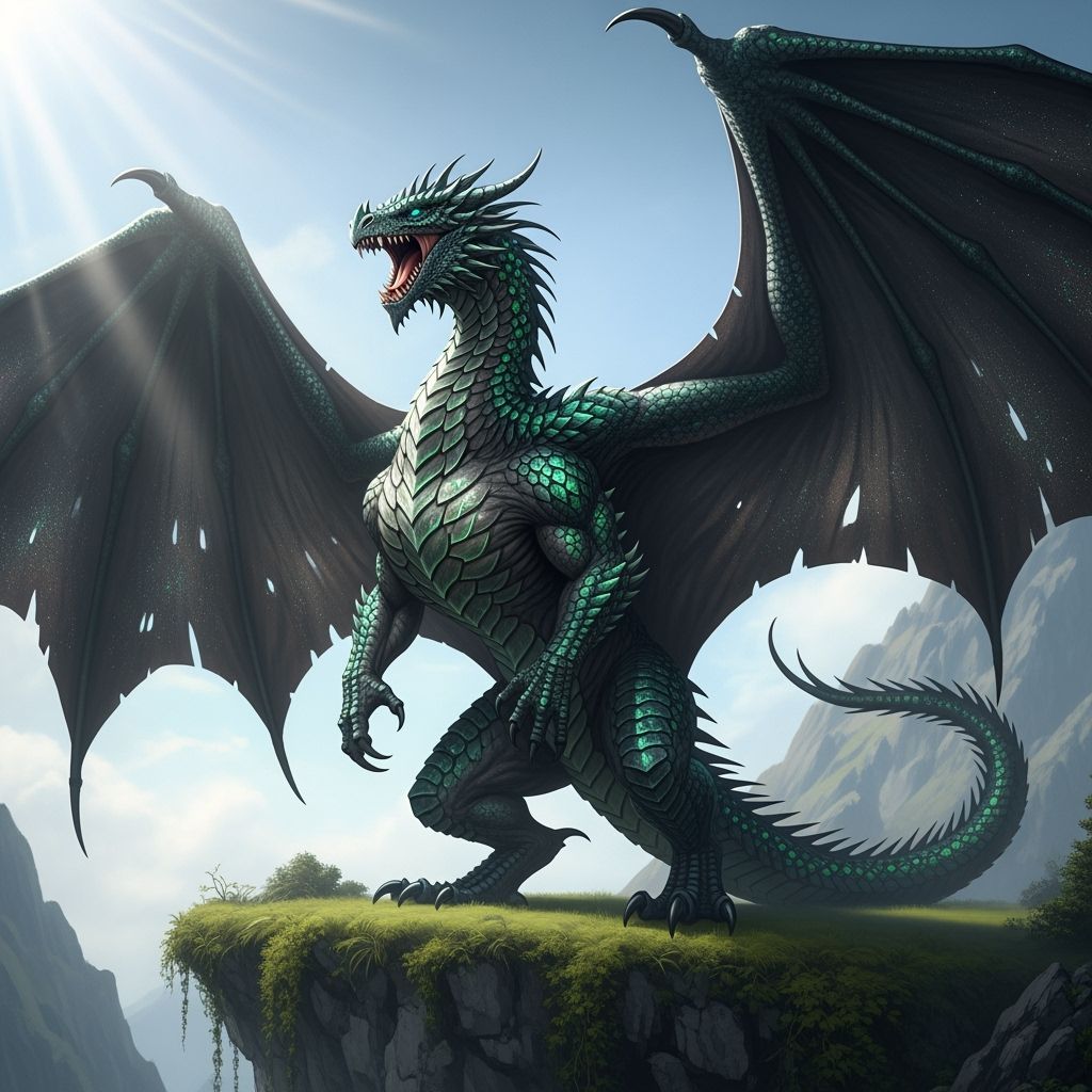 Majestic Obsidian Dragon Roaring on Lush Mountain Cliff