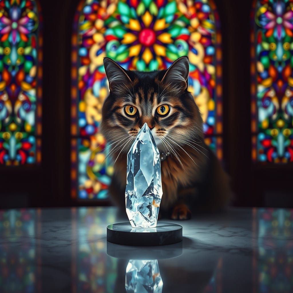 Majestic Cat Admires Radiant Neon Crystal Under Christmas St...