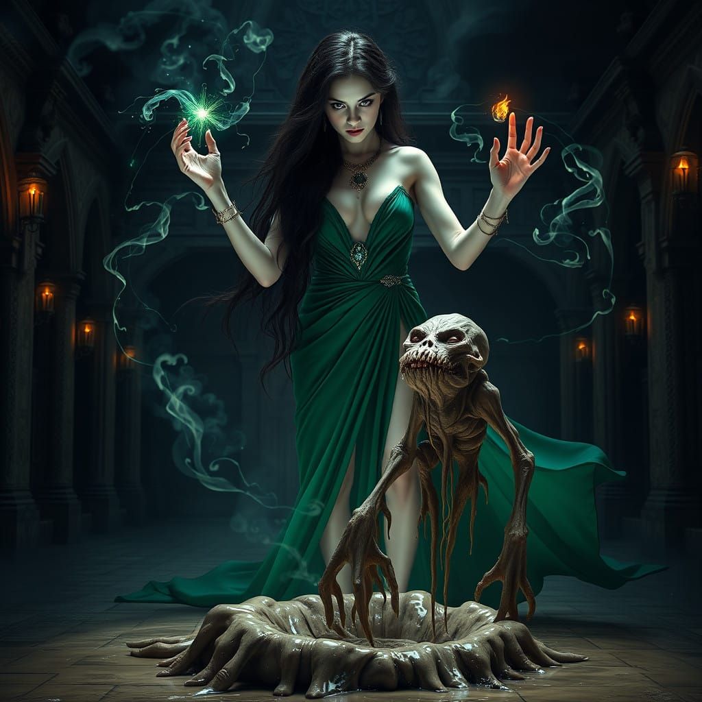 Sorceress Conjures Clay Abomination in Dark, Eerie Landscape