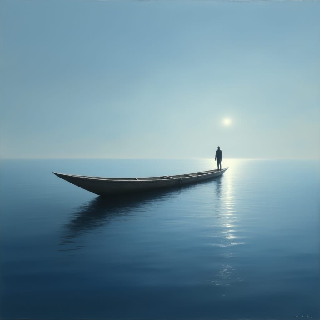 A Baroque Figure Contemplates the Horizon in Soft Blue Light