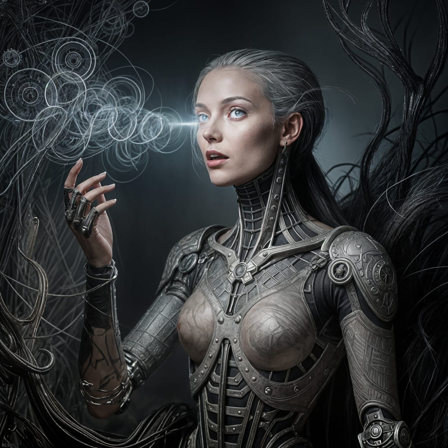 Biomechanical Woman with Ethereal Glow and Geometric Pattern...