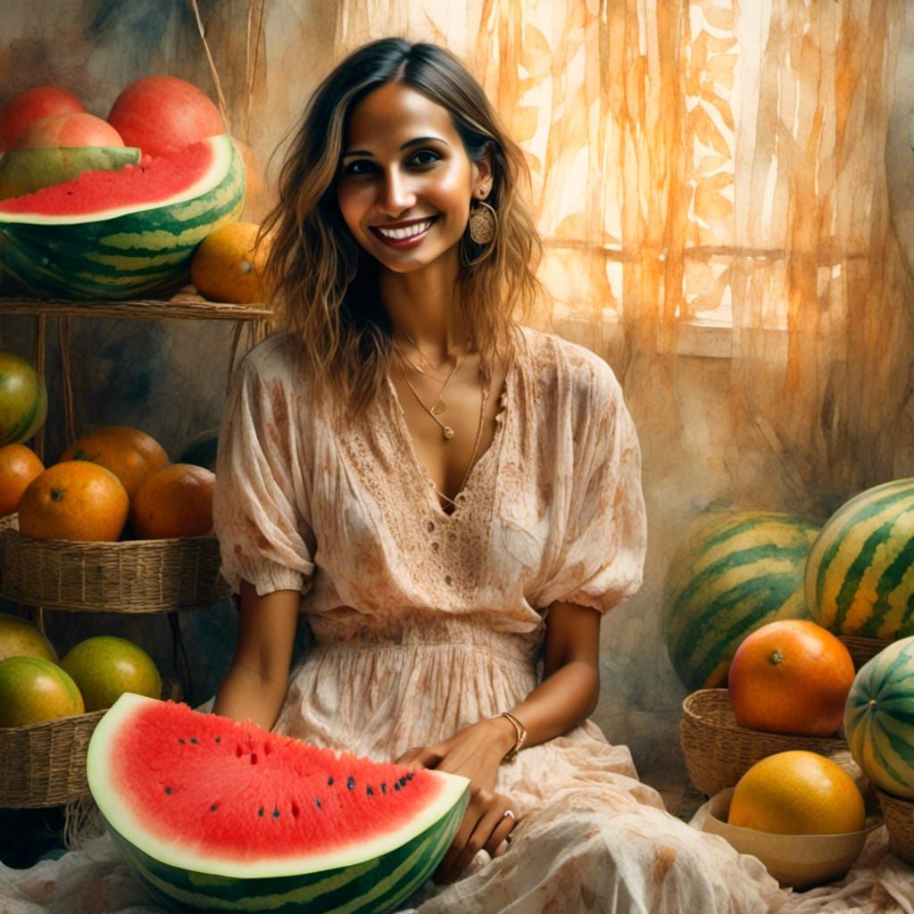 Boho Chic Woman with Watermelon Art Deco Portrait