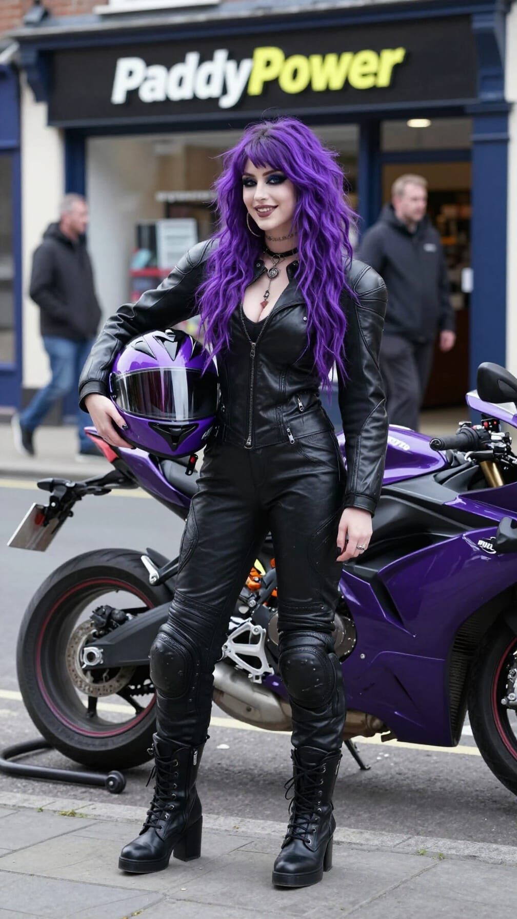 Goth Woman With Motorcycle Watches Men Enter Bookies
