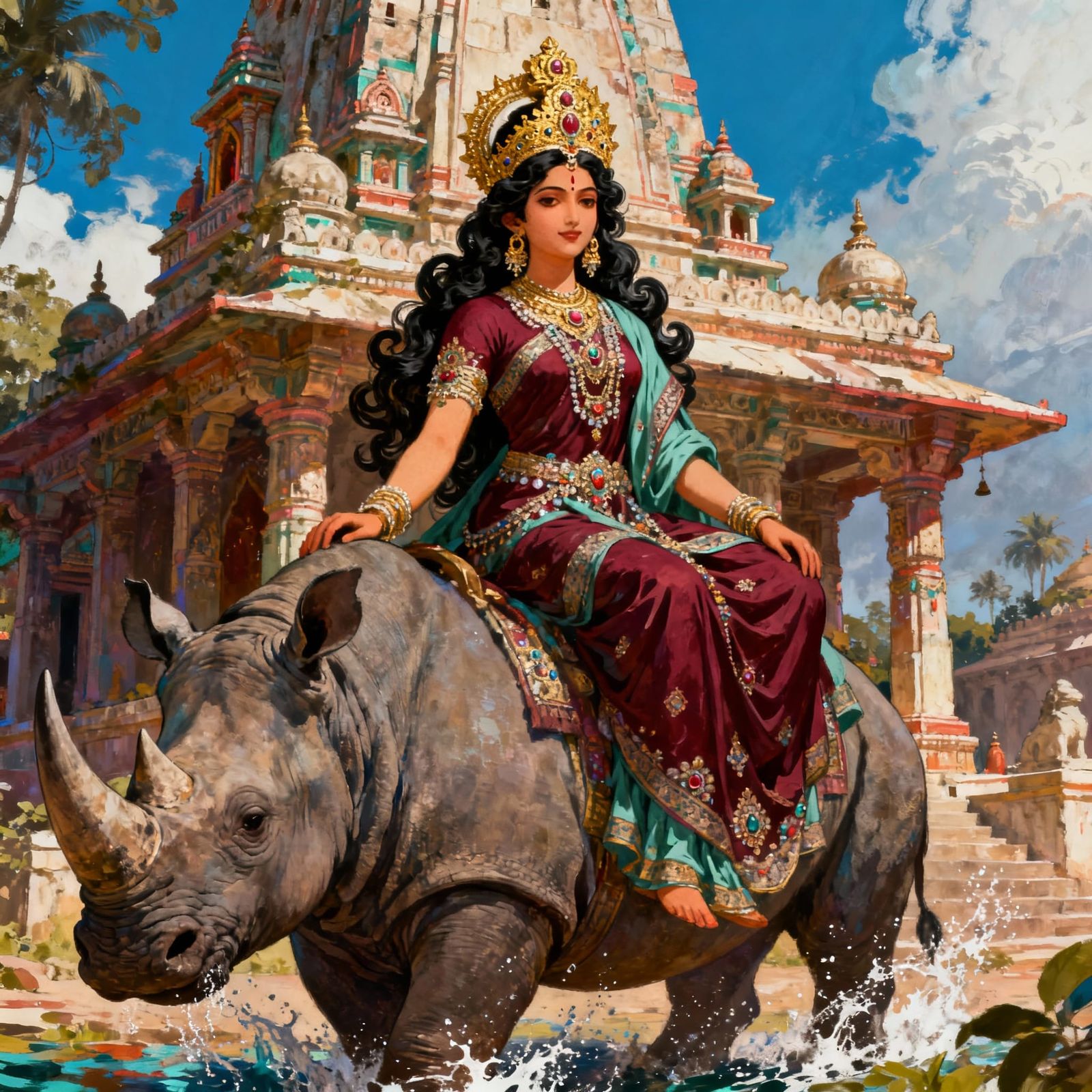 Indian Goddess Dhavdi on Rhinoceros, Gujarati Shrine
