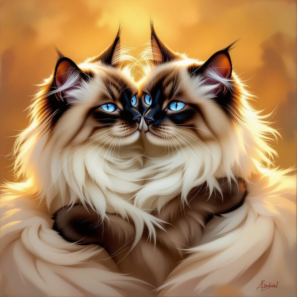 Two Siamese Cats Embracing in a Painterly Style
