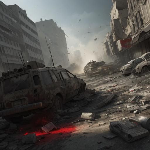 Realistic War Scene in Ruined City, Photorealistic Graphics