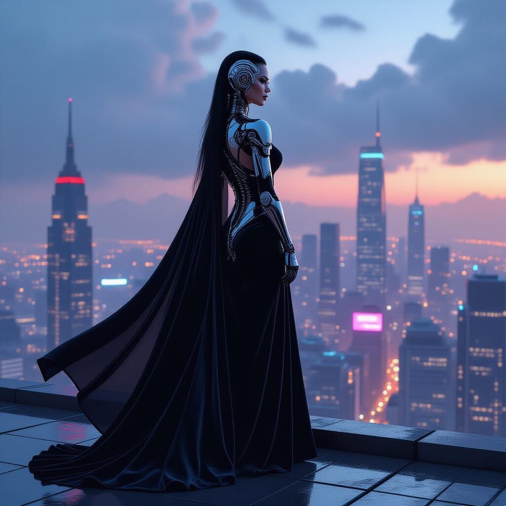 Elegant Cyborg Woman Overlooking Neon Metropolis at Dusk