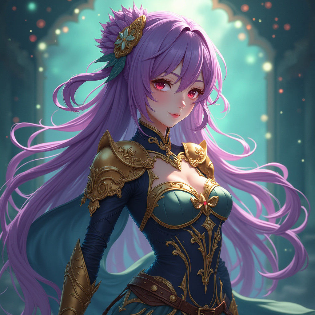 Purple-Haired Anime Girl in Golden Armor, Digital Art