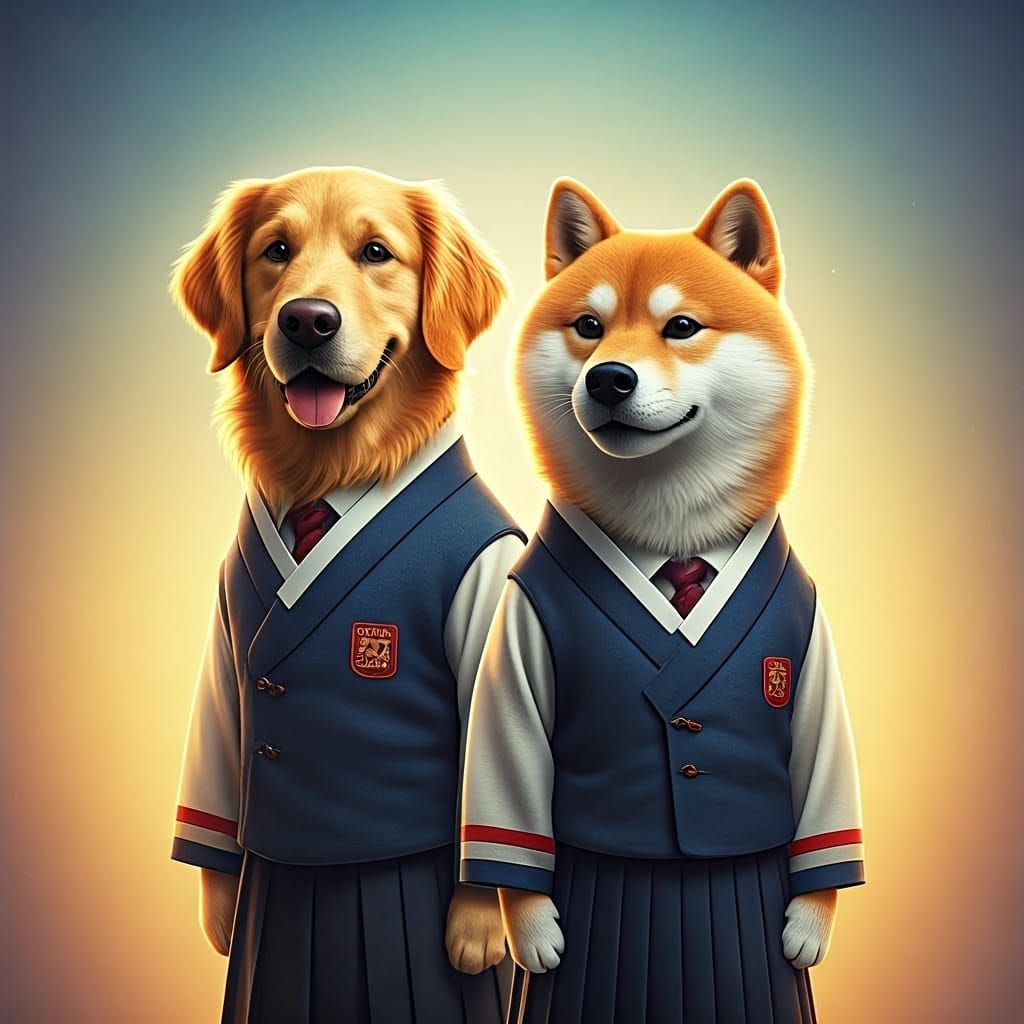 Golden Retriever and Shiba in Korean School Uniforms in Vibr...