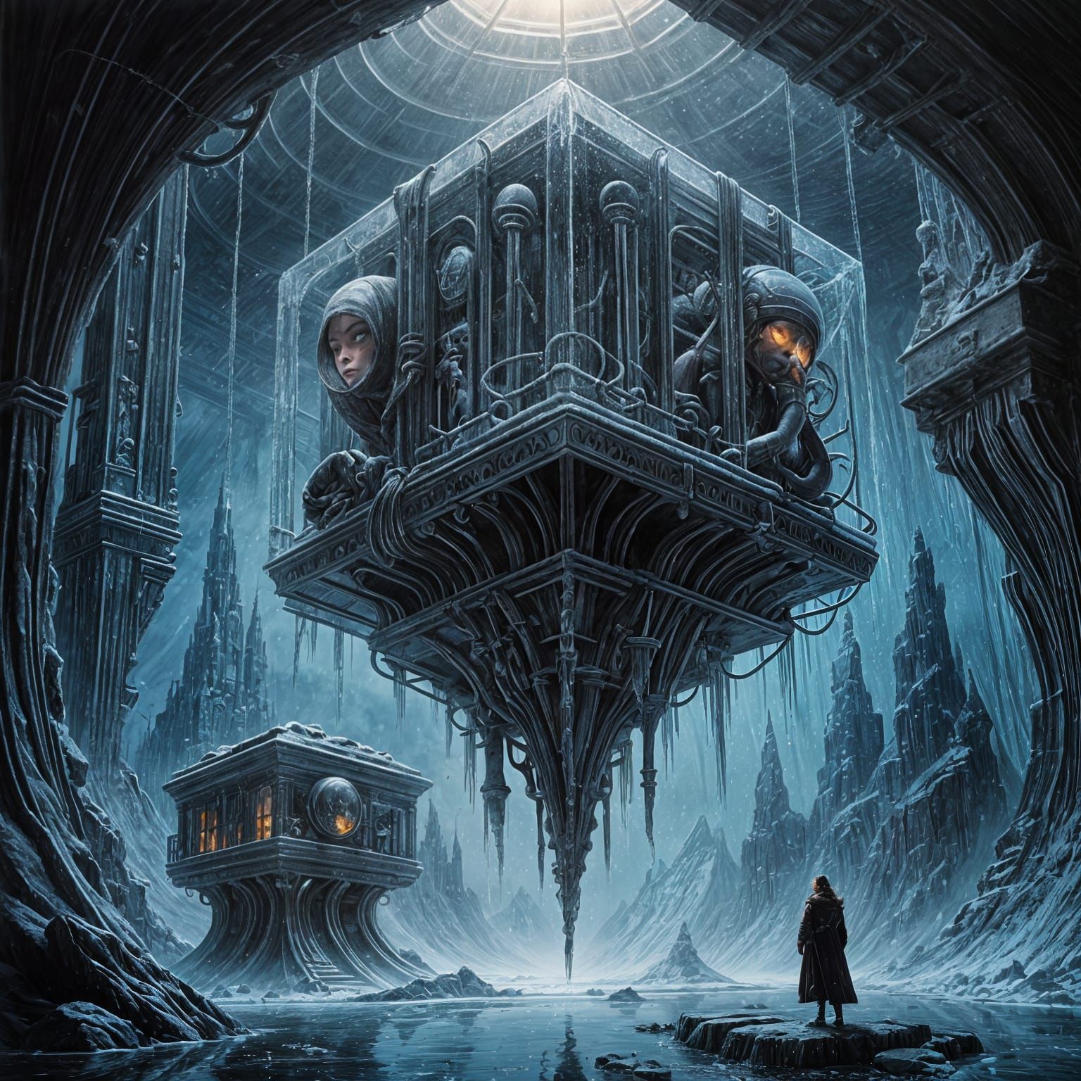 Surreal Scene of Frozen Mercy in a Chilling Den