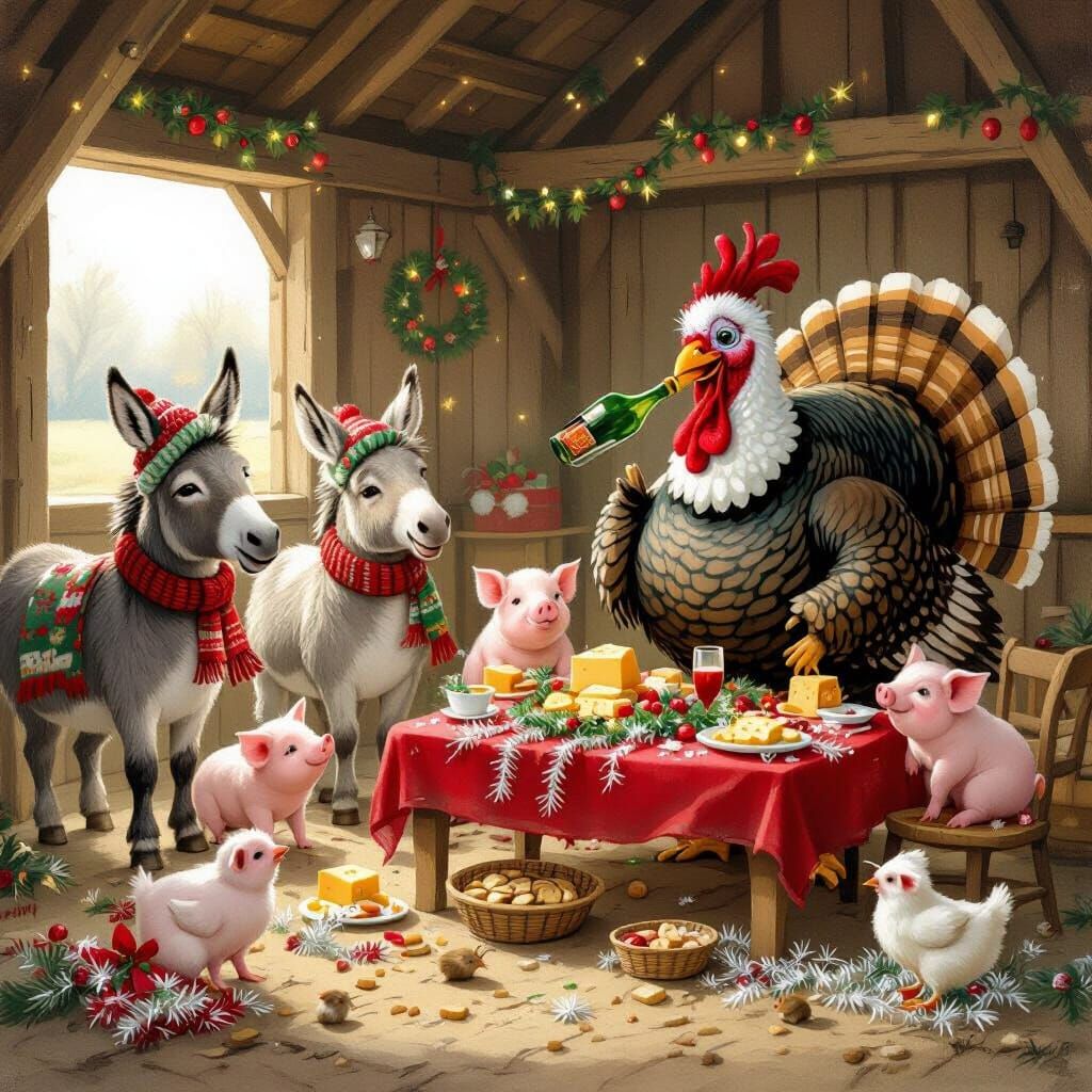 Farm Animals' Secret Christmas Party in Barn