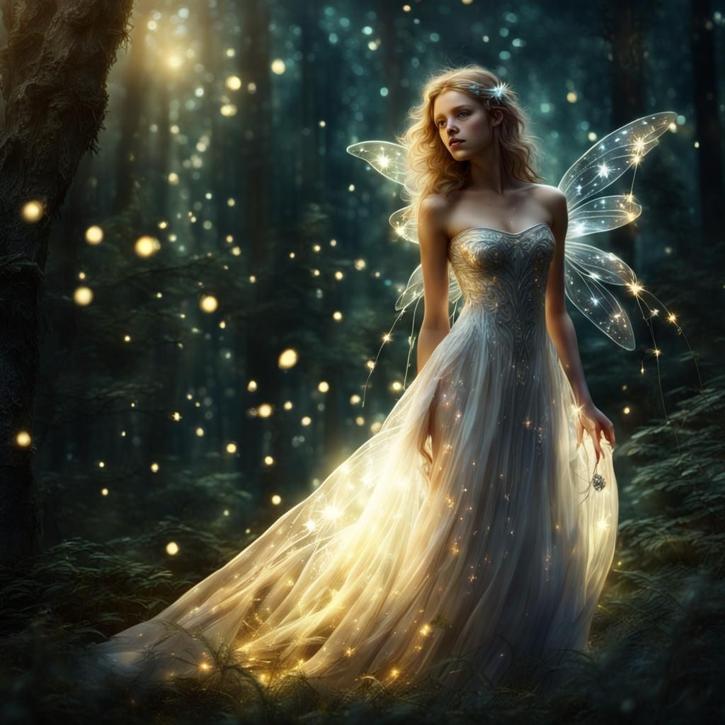 Ethereal Fairy and Fireflies in Forest Scene