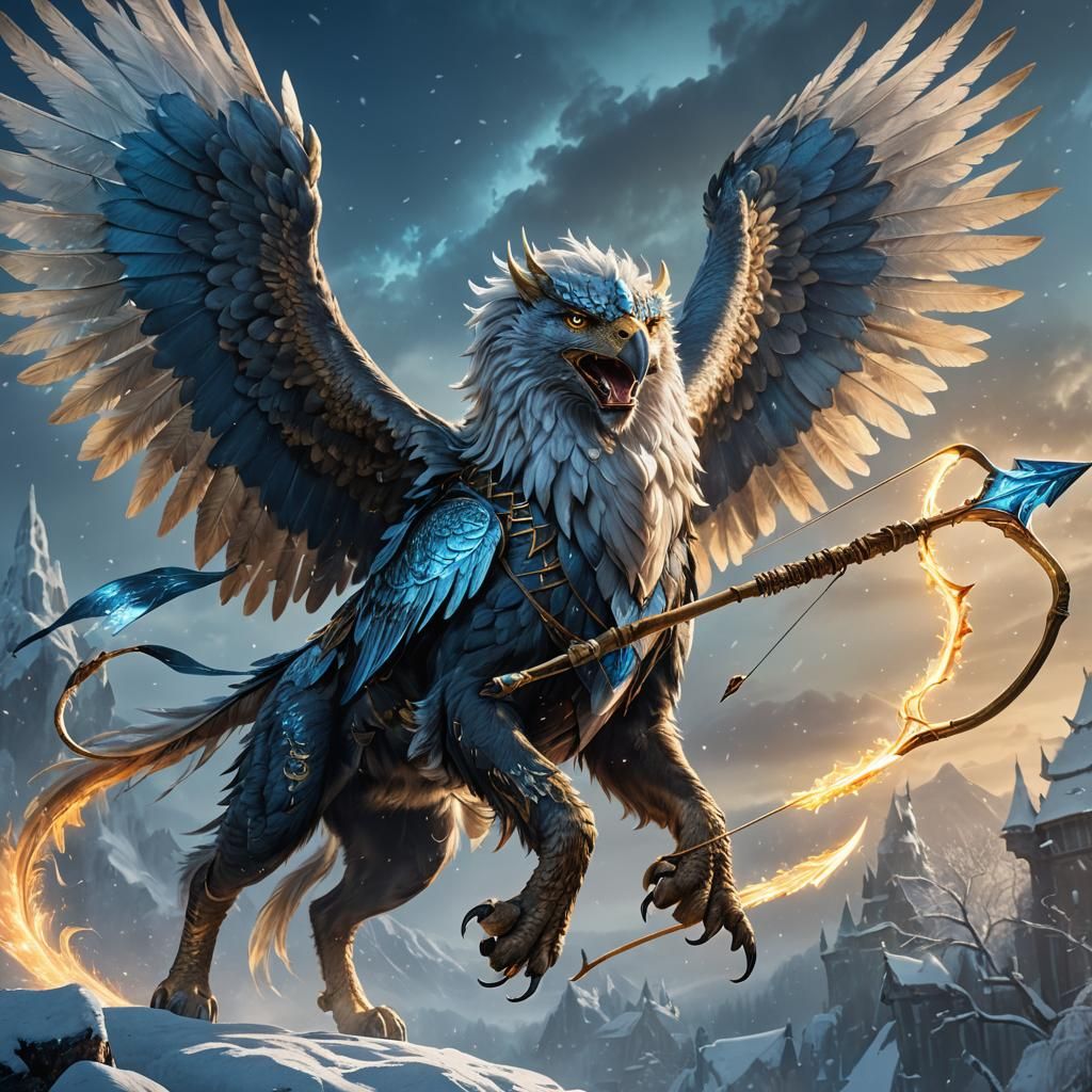 Icy Griffin with Enchanted Bow: Fantasy Art
