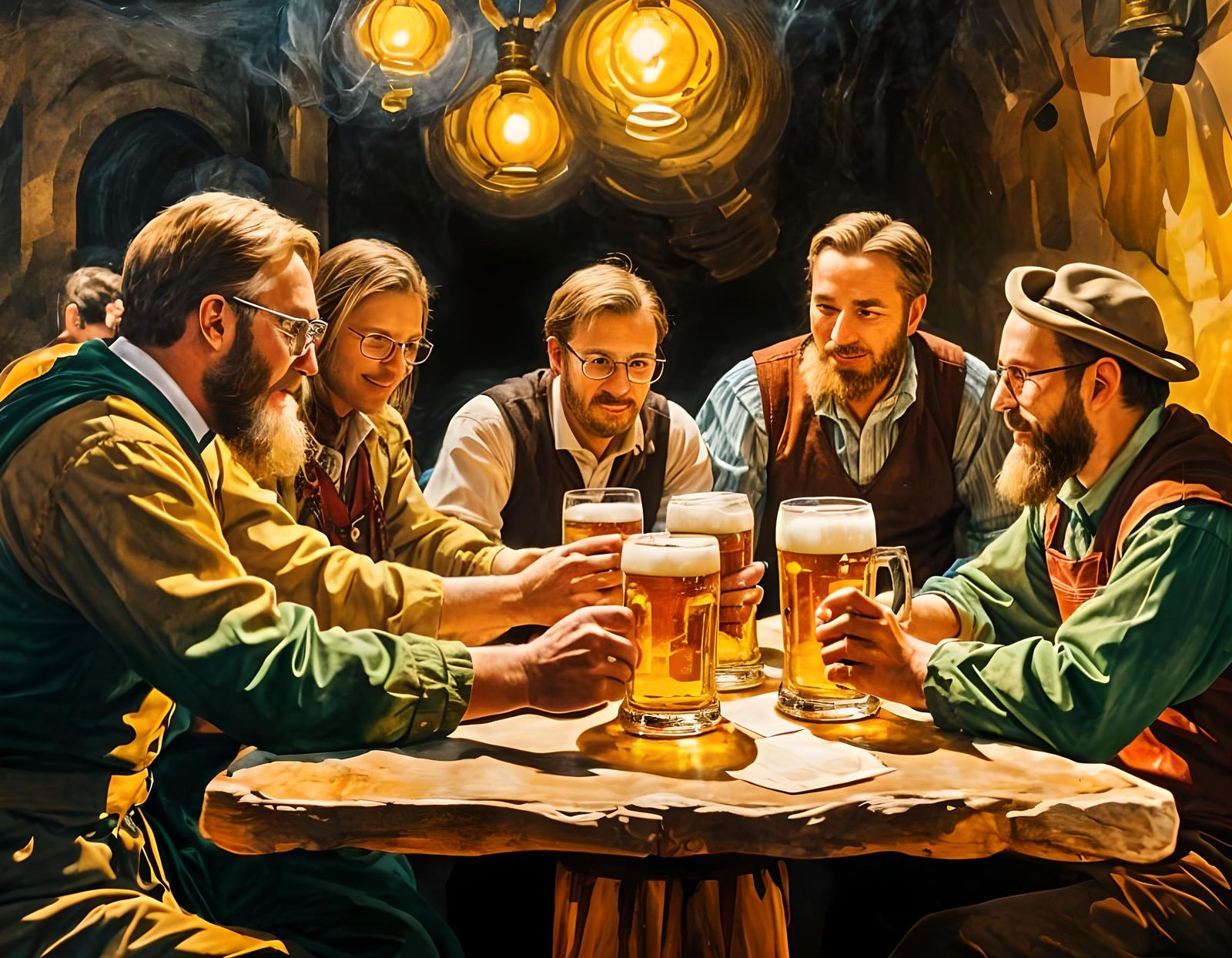 few people wearing Bavarian clothes around a table while big...