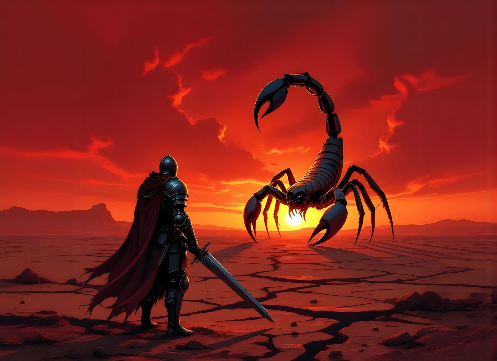 Knight vs. Colossal Skeletal Scorpion in Post-Apocalyptic Ar...