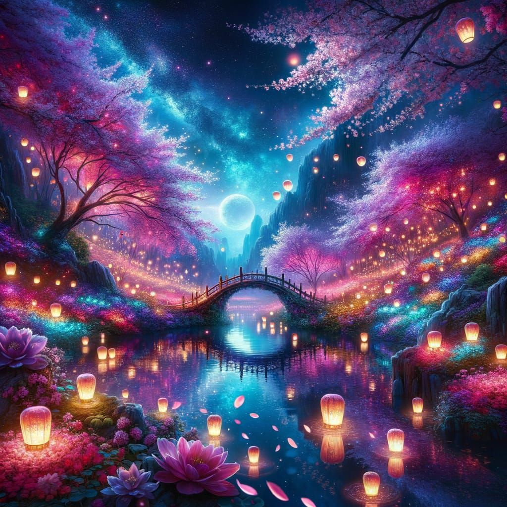 Stunning Magical Paradise in Vibrant Cherry Blossom Twilight