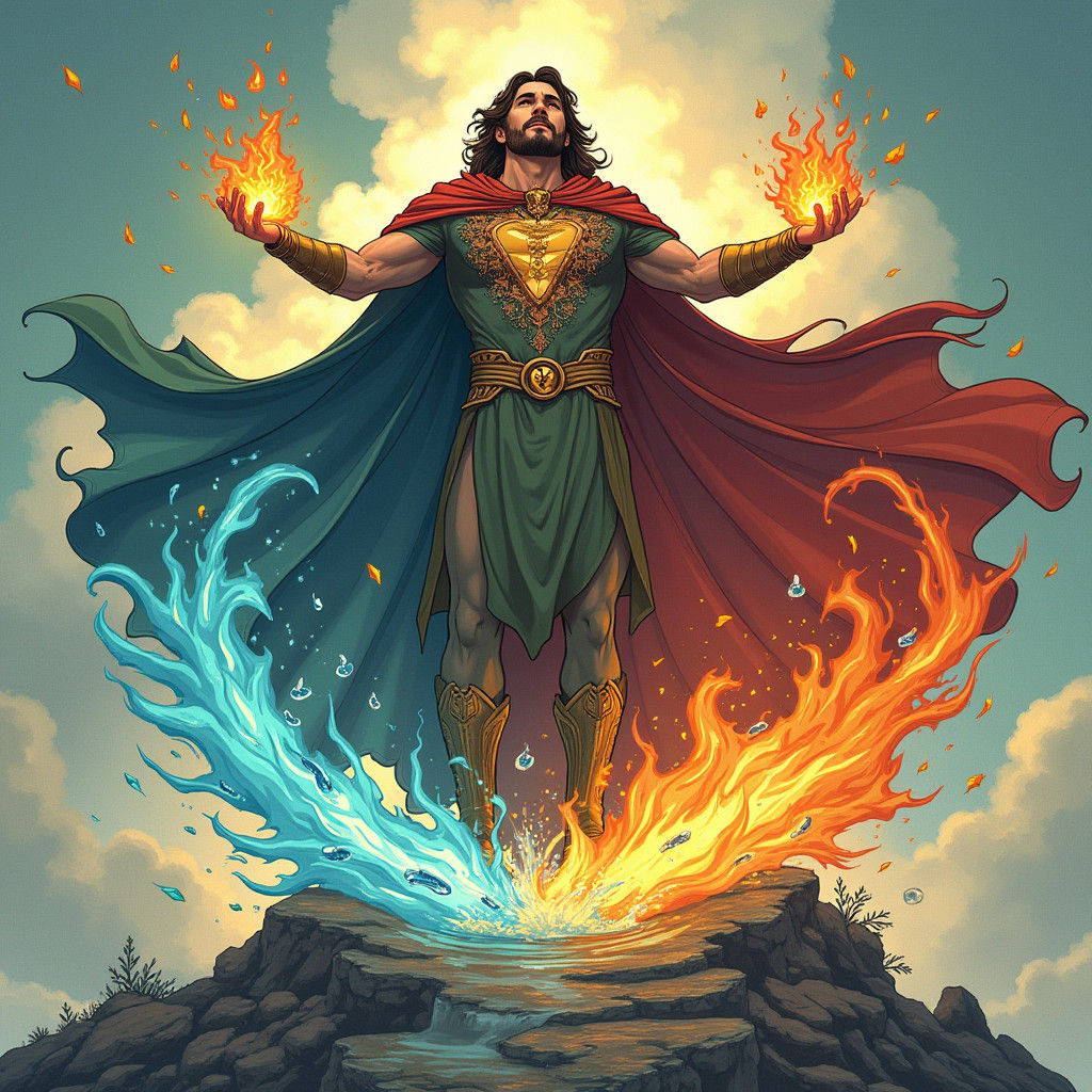 Elemental Superhero Harnessing Earth, Air, Fire, and Water