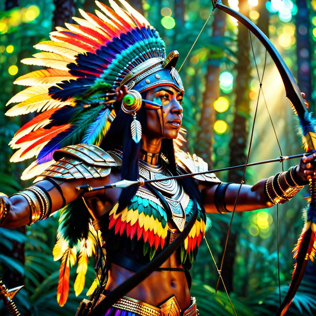 Bronzepunk Warrior Aims Alien Bow in Dense Forest