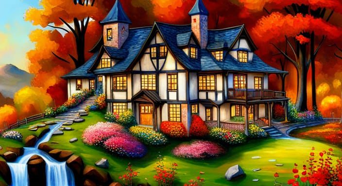 Mountainside Mansion with Autumn Trees in HD