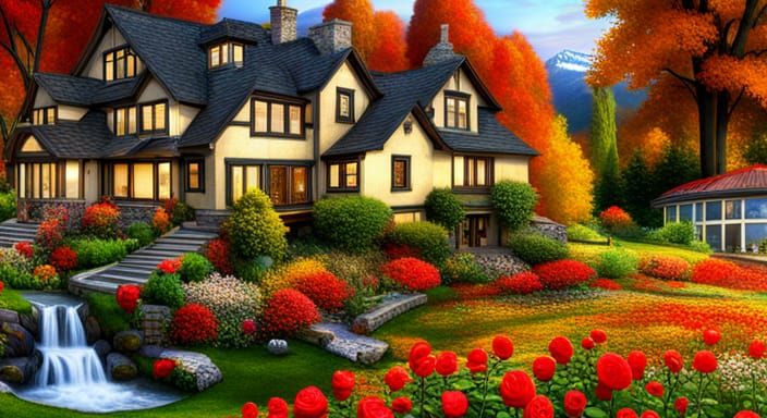 Mountainside Mansion in Autumnal Landscape