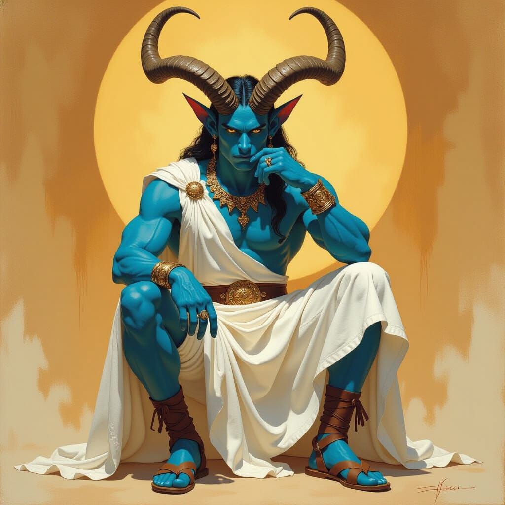 Blue Elf with Antelope Horns in Oil Painting Style