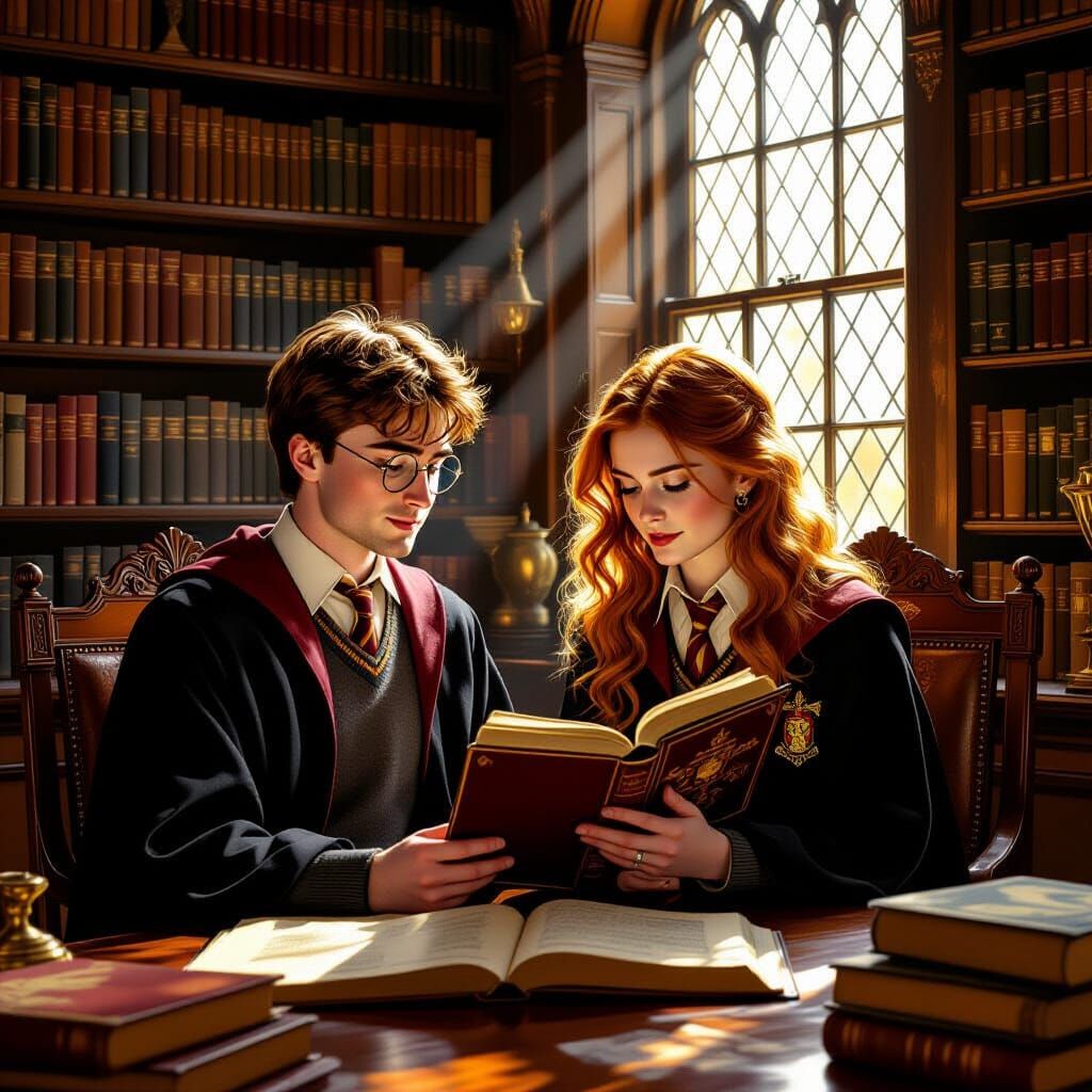 Harry Potter and Ginny in Library, Vermeer Style