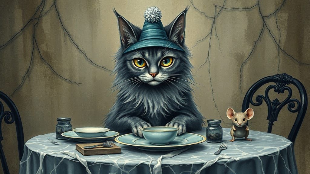 Ethereal Feline in Whimsical, Tim Burton-Inspired Tableau