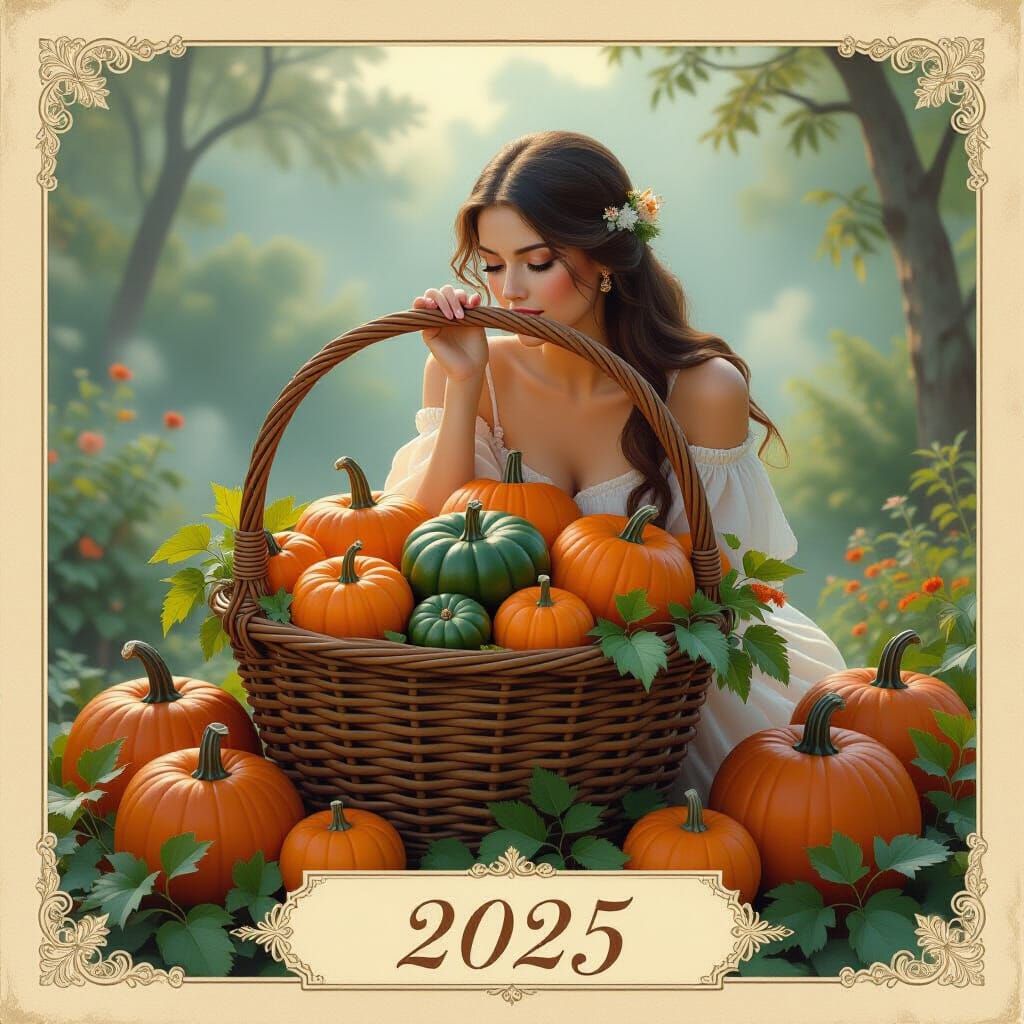 Pumpkins Overflowing Basket in Ethereal Fantasy Scene