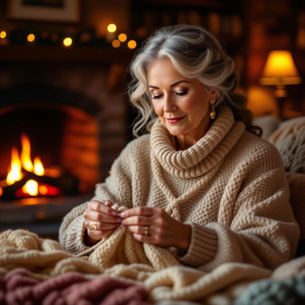 Cozy Scene of Woman Crocheting by Firelight