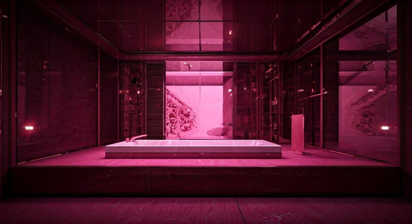 Futuristic Pink Bathroom with Mirrored Walls