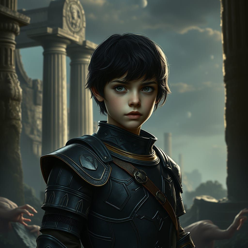 Girl in Greek Armor Among Ancient Ruins