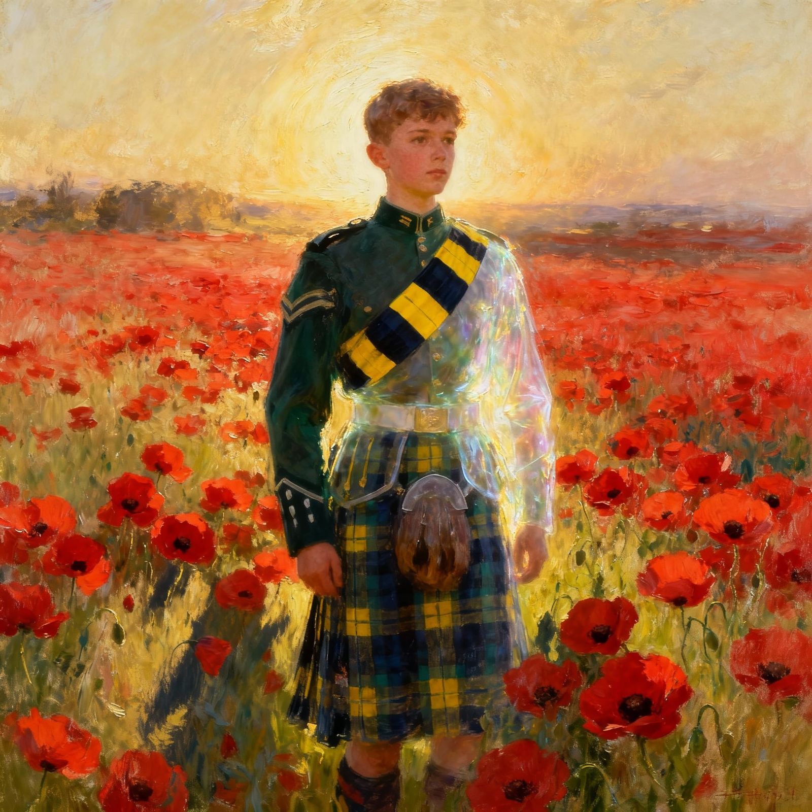 Scottish Soldier in Poppy Field at Golden Hour