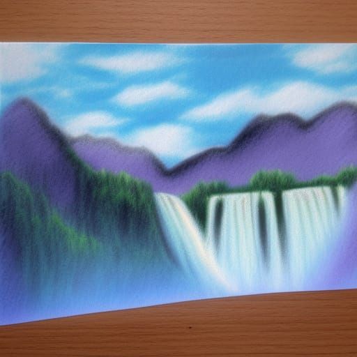 Pastel Mountains and Waterfall Landscape