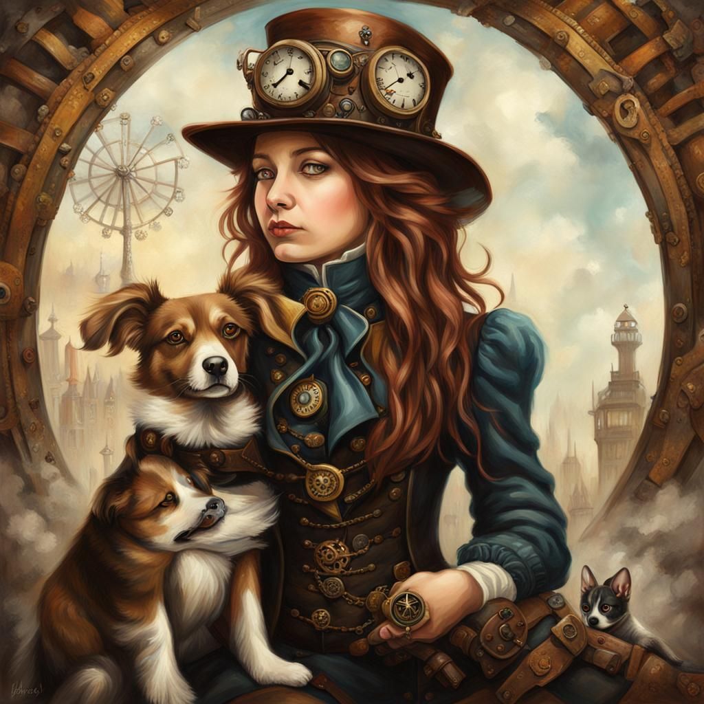 Steampunk Girl with Dog in Detailed Painting