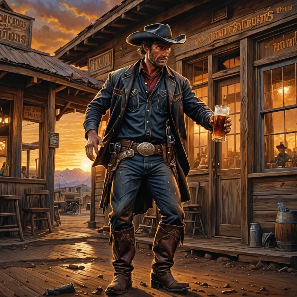 Cowboy with Dark Drink at Sunset: Matte Painting