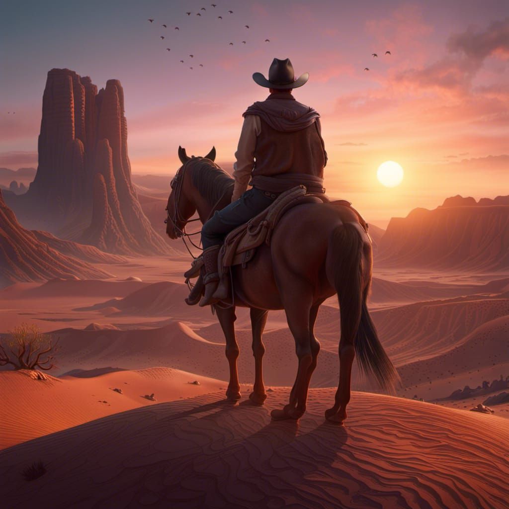 Cowboy Sunset: Detailed Matte Painting in Desert