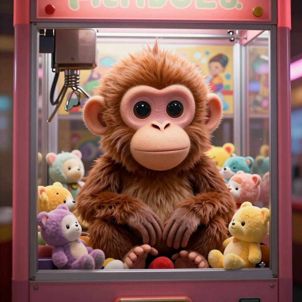 Fluffy Monkey Trapped in Retro Claw Machine
