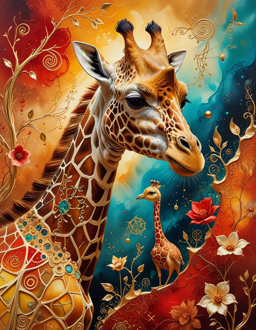 Surreal Giraffe Musician with Duckling, Dali Inspired
