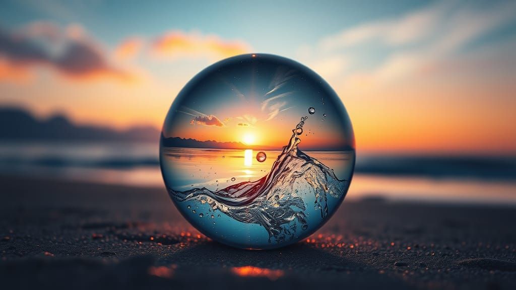 Crystal Ball Miniature Sunset Beach Scene in Abstract Style