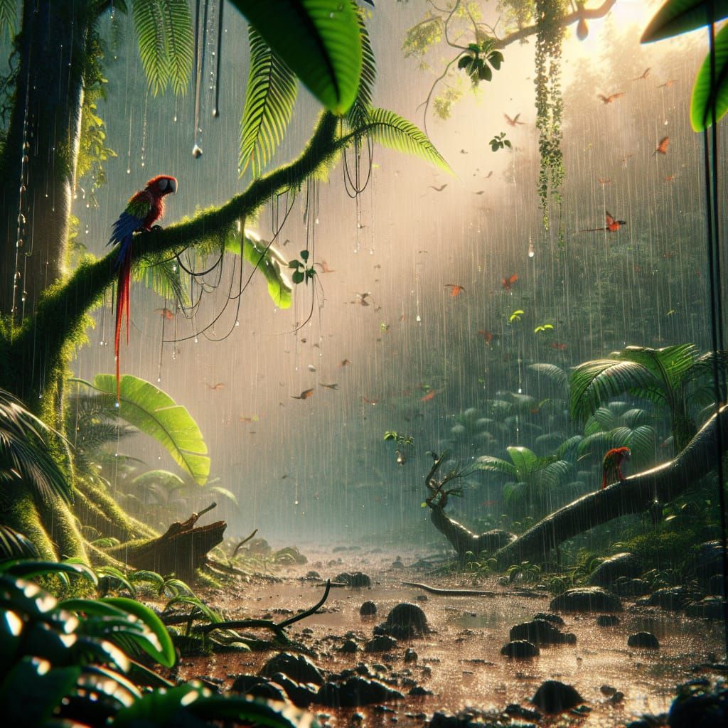 Frightened Parrot in Tropical Rainforest During Heavy Rain